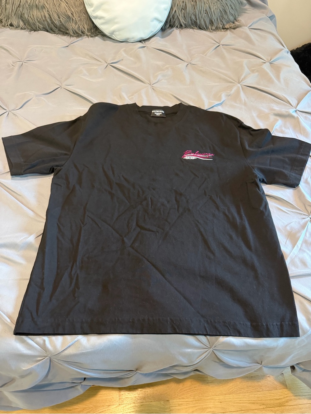 Balenciaga Black Short-Sleeve Tee with Pink Script Logo